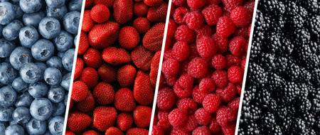 Collage of different fresh berries. Strawberries, blueberries, raspberries and blackberries