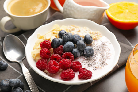 Healthy breakfast. Oatmeal with nuts, berries, yoghurt, chia seeds and coffee on gray table, closeup