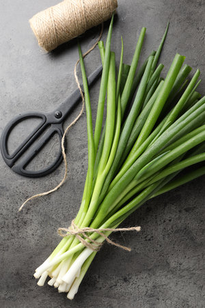 Fresh green onions, scissors and twine on gray table, flat lay