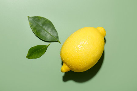 Fresh ripe lemon and leaves on light green background, flat lay