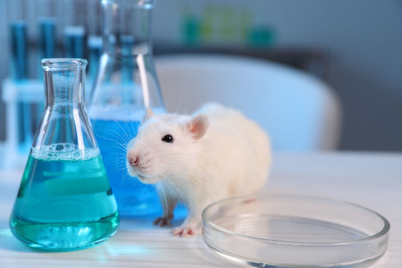 Cute rat and samples on white wooden table in laboratory, closeupの写真素材