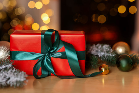 Beautiful Christmas gift and festive decor on wooden table indoors, closeup. Bokeh effectの写真素材