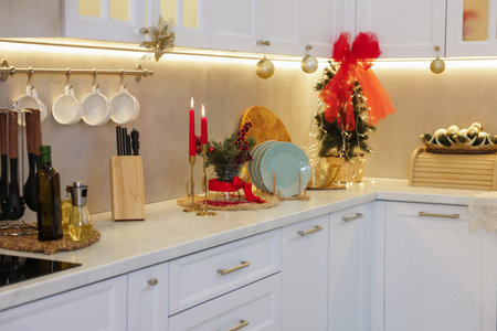 Beautiful Christmas decor on countertop in kitchen. Interior designの写真素材
