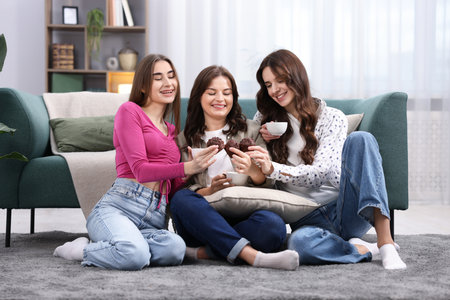 Friends with cups of drinks and muffins near sofa at home