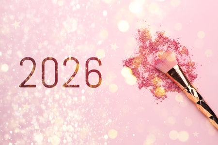 Makeup brush, crushed decorative cosmetic product and numbers on pink background, top view