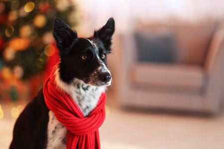 Cute dog with red scarf in room decorated for Christmas, space for textの写真素材