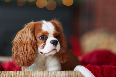 Cute dog inside wicker basket in room decorated for Christmas, space for textの写真素材