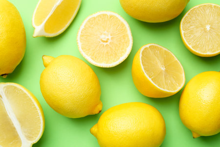 Fresh ripe lemons on light green background, flat layの写真素材