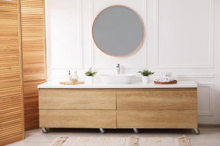 Bathroom with stylish mirror, vessel sink and houseplants. Interior designの写真素材