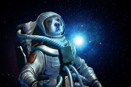 Dog astronaut wearing special suit in spaceの写真素材