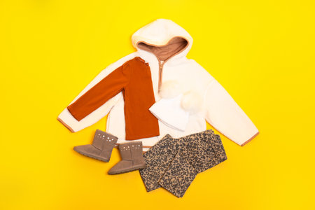 Flat lay composition with stylish child clothes and shoes on yellow backgroundの写真素材