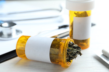 Dried medicinal herbs in plastic bottles, stethoscope and clipboard on white wooden table, closeupの写真素材