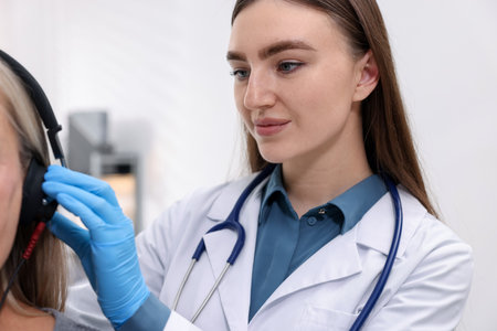 Hearing test. Doctor adjusting patient's audiometric headphones in clinic, closeupの写真素材