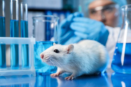 Scientist working with rat at table in laboratory, selective focusの写真素材