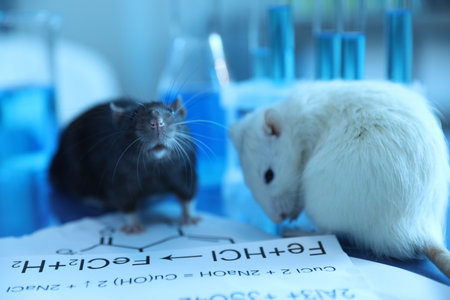 Cute rats, papers and laboratory glassware with samples on table indoors, closeupの写真素材