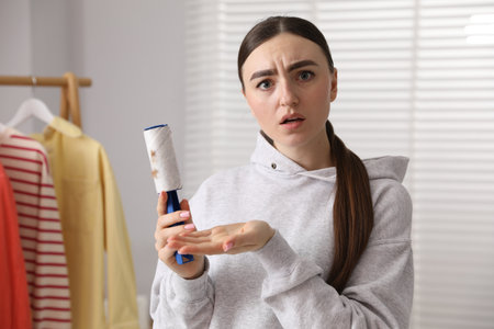 Woman with lint roller at home, space for textの写真素材