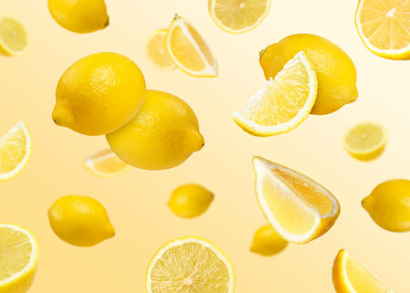 Fresh lemons falling on orange gradient background. Citrus fruitの写真素材