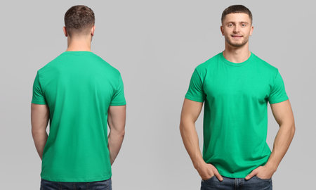 Man in blank blue t-shirt on green background. Collageの写真素材