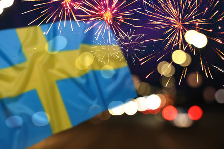 Fireworks and blurred cityscape with bokeh lights. National holidayの写真素材