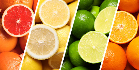 Citrus fruits collage, top view. Lemons, oranges, grapefruits and limes. Banner designの写真素材