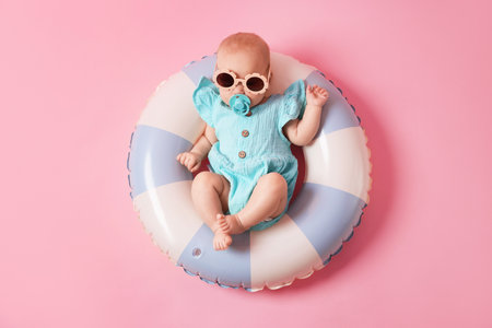 Cute little baby with sunglasses and pacifier on inflatable ring against pink background, top viewの写真素材