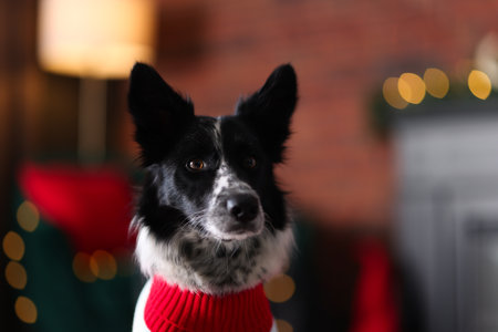 Cute dog in beautiful sweater at home, space for text. Christmas atmosphereの写真素材