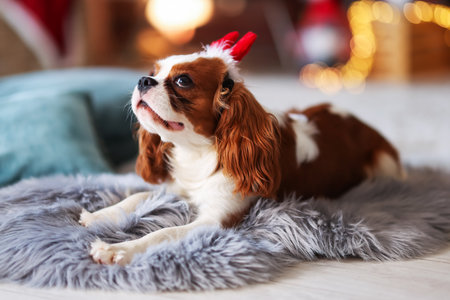 Cute dog in funny headband on floor at home. Christmas atmosphereの写真素材