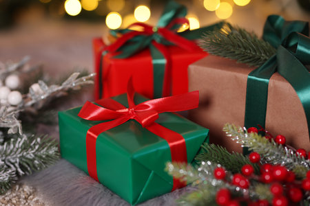 Christmas gifts and festive decor on floor indoors, closeup. Bokeh effectの写真素材