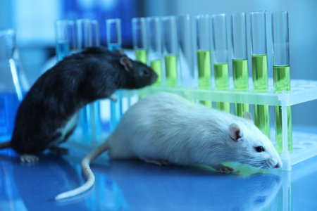 Cute rats and laboratory glassware with samples on table indoors, closeupの写真素材