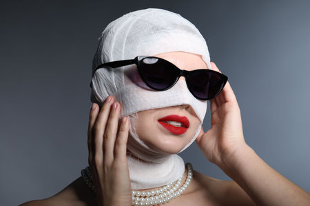 Woman with face wrapped in medical bandage after plastic surgery operation on gray backgroundの写真素材
