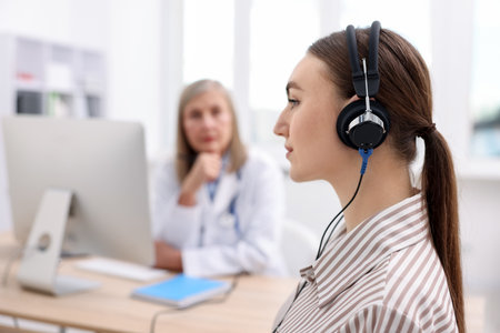 Patient with audiometric headphones undergoing hearing test in clinic, selective focus. Space for textの写真素材