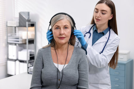 Hearing test. Doctor adjusting patient's audiometric headphones in clinicの写真素材
