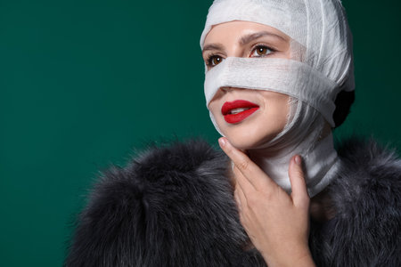 Woman with face wrapped in medical bandage after plastic surgery operation on green backgroundの写真素材