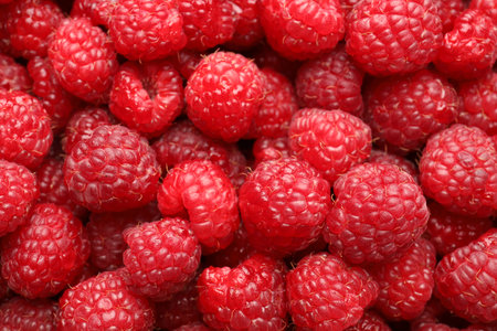 Fresh ripe raspberries as background, top view