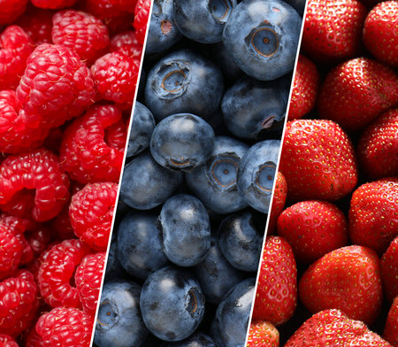 Collage of different fresh berries. Strawberries, blueberries and raspberriesの写真素材