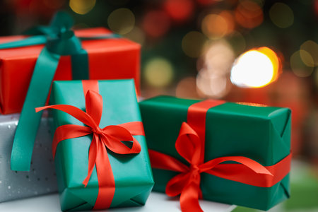 Christmas present. Many gift boxes on white table indoors, closeup