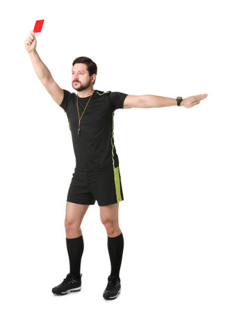 Referee holding red card on white background