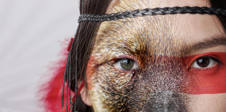 Shaman woman double exposure with wolf on white background. Banner designの写真素材