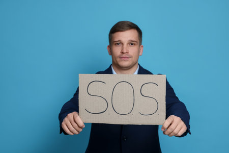 Businessman holding sign with word SOS on light blue backgroundの写真素材