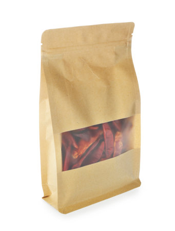 Stand-up pouch with dried chili peppers isolated on white