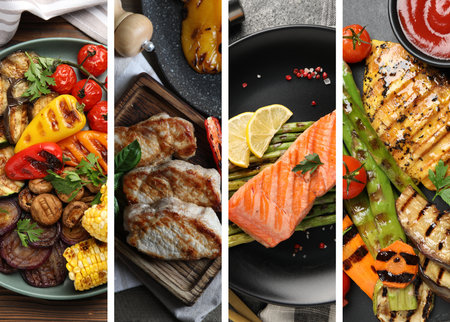 Collection of delicious grilled vegetables, meat and fishの写真素材