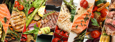 Collection of delicious grilled vegetables, meat and fishの写真素材