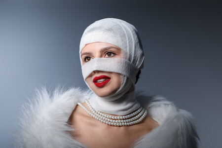 Woman with face wrapped in medical bandage after plastic surgery operation on gray background