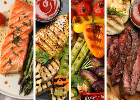 Collection of delicious grilled vegetables, meat and fishの写真素材
