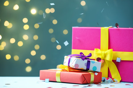 Many Christmas gift boxes and confetti on white table against background with blurred lights,...