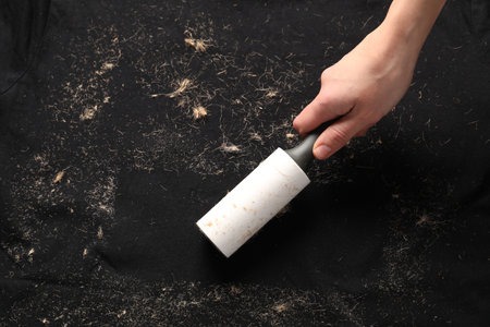 Woman using lint roller on black fabric, closeupの写真素材
