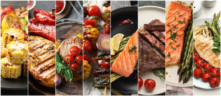 Collection of delicious grilled vegetables, meat and fish