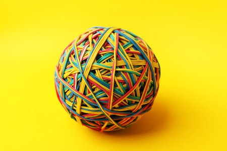 Ball made of many colorful rubber bands on yellow background, closeupの写真素材