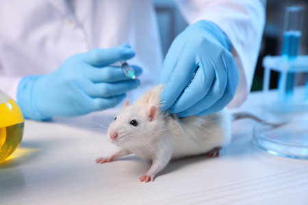 Scientist giving injection to rat at white wooden table in laboratory, closeup. Animal testingの写真素材