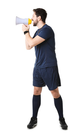 Referee shouting in megaphone on white backgroundの写真素材